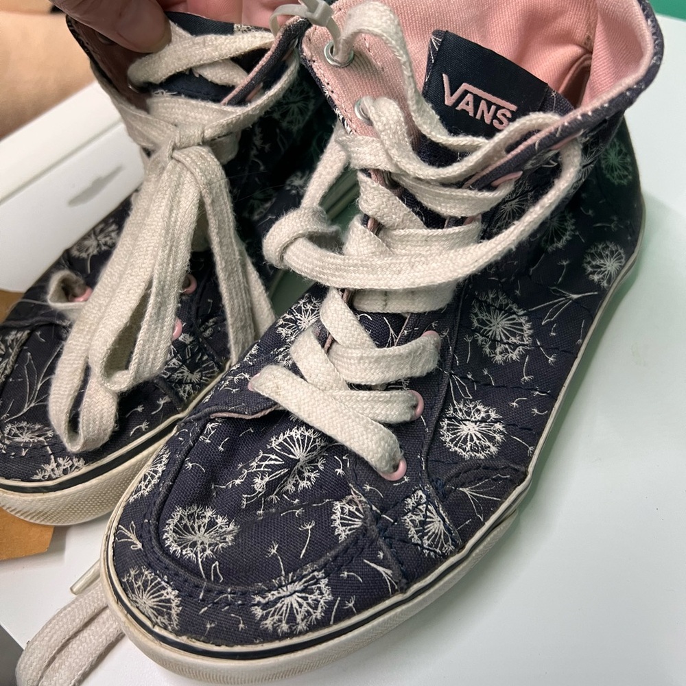 Vans high top Navy dandelion print with light pink inner